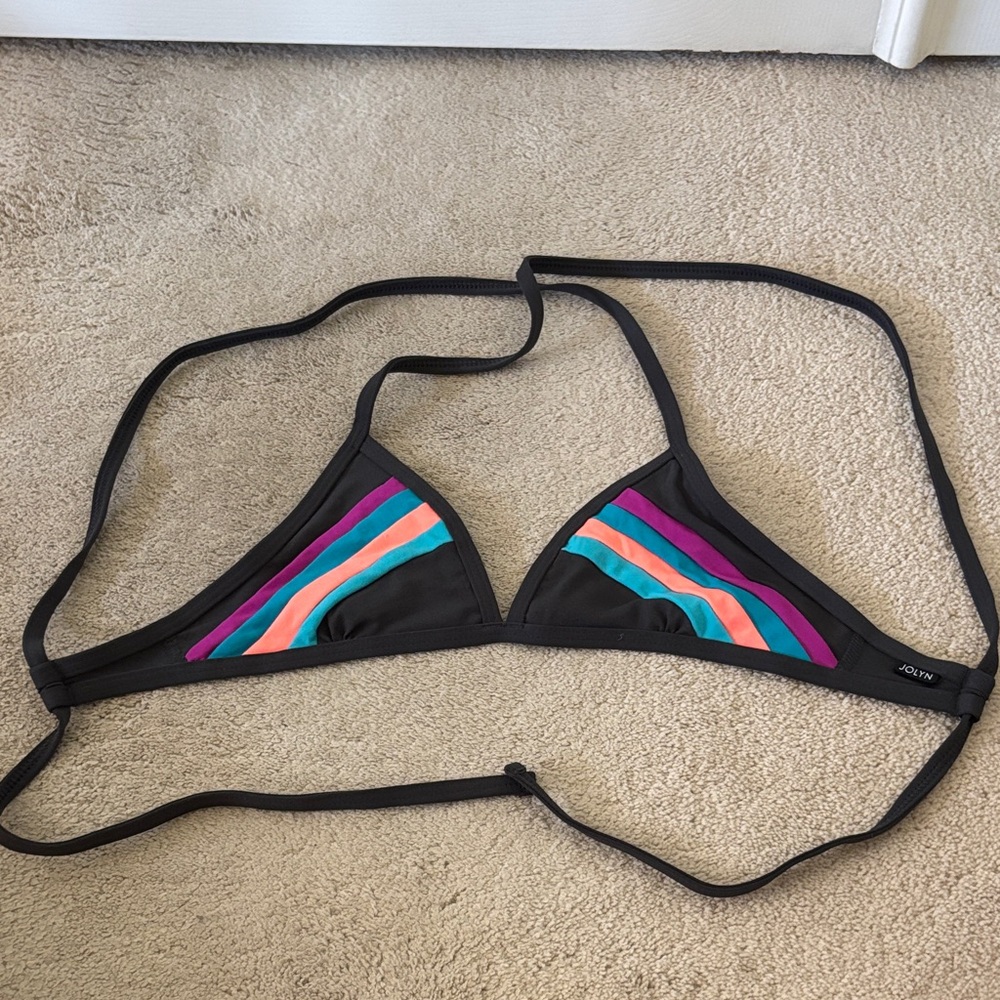 Jolyn Clothing Black Bikini Top with Pink, Blue, and Purple Stripes